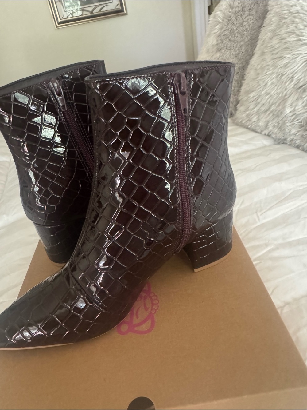 Sugar Croc-Embossed Ankle Boots in Dark Wine